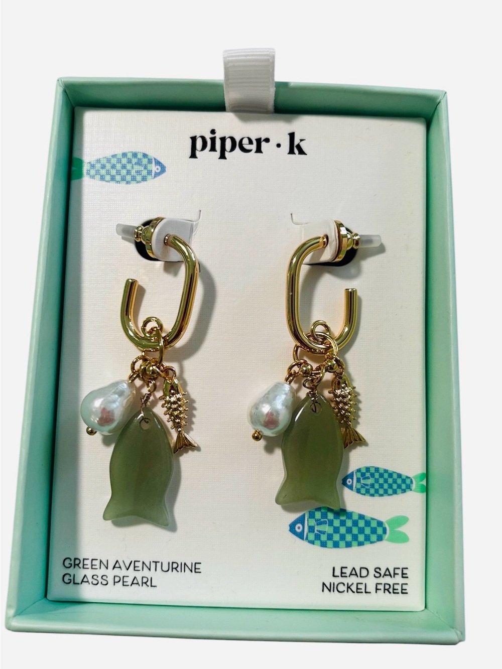 Piper K Green Aventurine Fish Drop Earrings with Pearl
